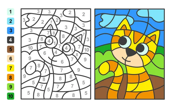 Color Por Números Gato Animal Puzzle Juego Para Niños Educación — Vector de stock