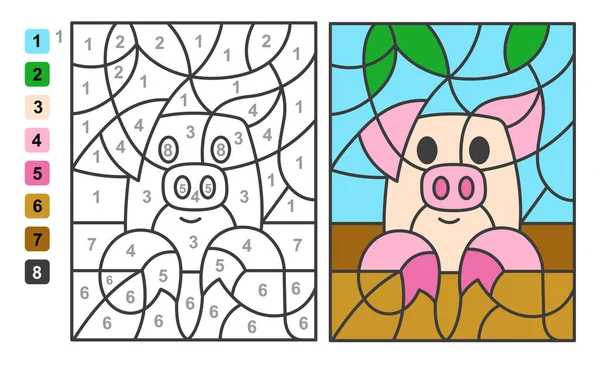 按数字划分的颜色猪动物 儿童教育 绘图和学习数学的益智游戏 — 图库矢量图片