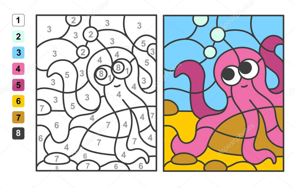 Color by numbers sea and ocean life. Puzzle game for children education, drawing and learning mathematics