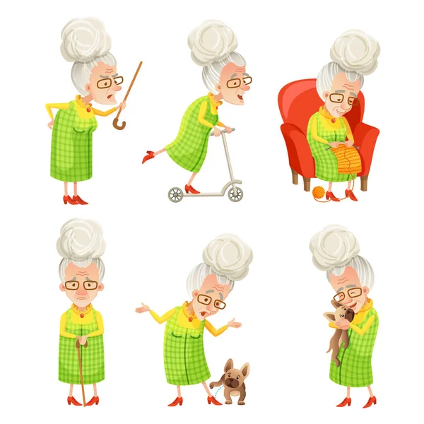 Set Senior Women Cartoon Style Isolated White Background Retirees Daily — Stock Vector