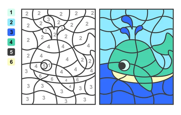 海洋和海洋生物的颜色以数量表示 儿童教育 绘图和学习数学的益智游戏 — 图库矢量图片