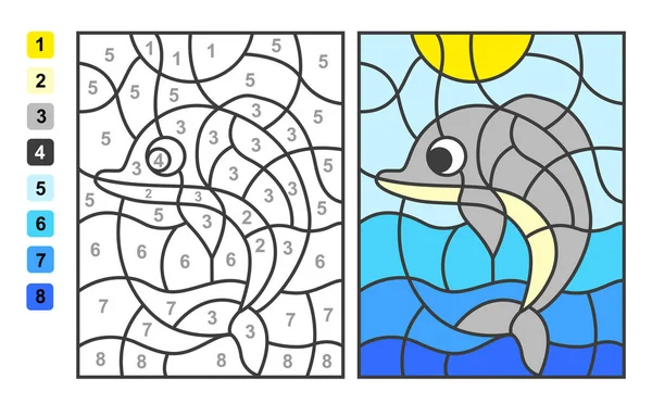海洋和海洋生物的颜色以数量表示 儿童教育 绘图和学习数学的益智游戏 — 图库矢量图片
