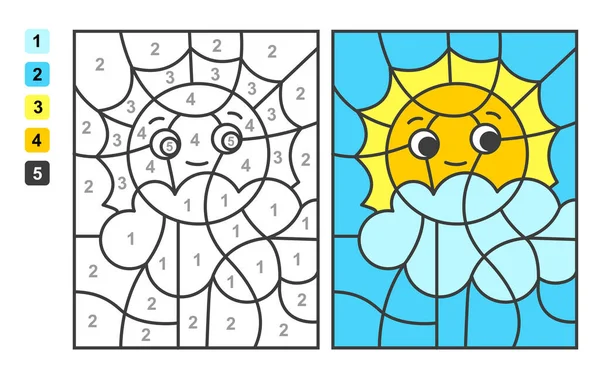 Color Por Números Sol Trueno Puzzle Juego Para Niños Educación — Vector de stock