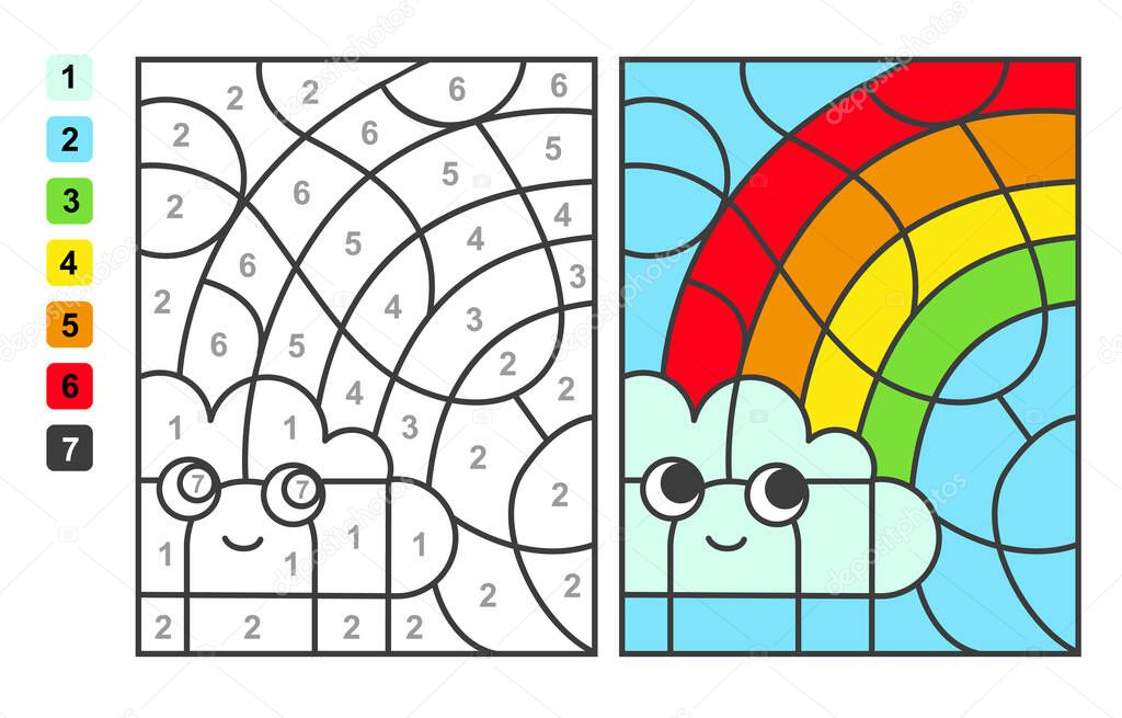 Color by numbers rainbow and clouds. Puzzle game for children education, drawing and learning mathematics