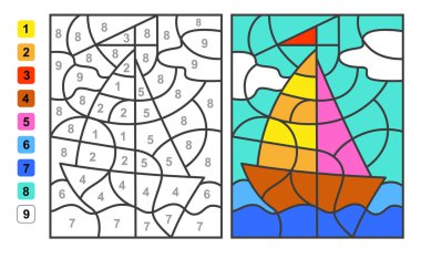 Yaz tatili rakamlarına göre renk. Çocuk eğitimi için bulmaca, çizim ve matematik için renkler