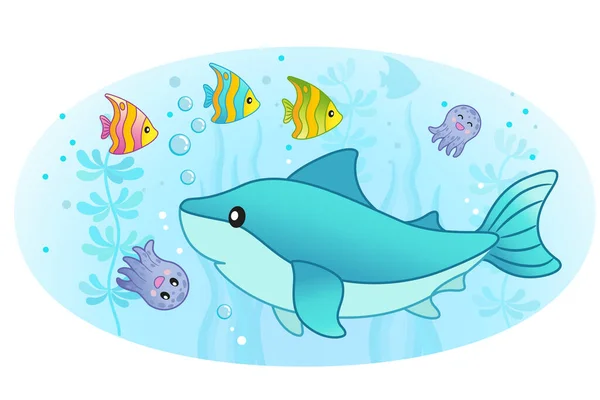 โลกใต ปลาเขตร อนสดใส ฉลาม และปลาหม — ภาพเวกเตอร์สต็อก