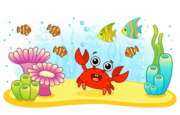 Su altı dünyası, parlak mercan, balık ve yengeç.