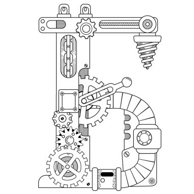 Yetişkinler için vektör boyama kitabı. Steampunk Kiril alfabesi. Metal dişlilerden ve çeşitli ayrıntılardan oluşan mekanik alfabe beyaz arkaplanı izole ediyor