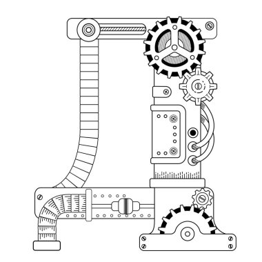 Yetişkinler için vektör boyama kitabı. Steampunk Kiril alfabesi. Metal dişlilerden ve çeşitli ayrıntılardan oluşan mekanik alfabe beyaz arkaplanı izole ediyor