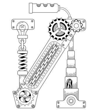 Yetişkinler için vektör boyama kitabı. Steampunk Kiril alfabesi. Metal dişlilerden ve çeşitli ayrıntılardan oluşan mekanik alfabe beyaz arkaplanı izole ediyor