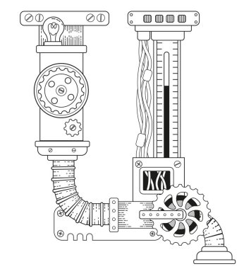 Yetişkinler için vektör boyama kitabı. Steampunk Kiril alfabesi. Metal dişlilerden ve çeşitli ayrıntılardan oluşan mekanik alfabe beyaz arkaplanı izole ediyor