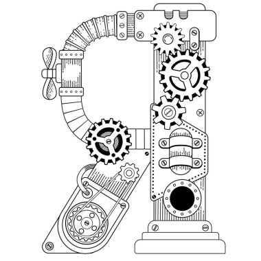 Yetişkinler için vektör boyama kitabı. Steampunk Kiril alfabesi. Metal dişlilerden ve çeşitli ayrıntılardan oluşan mekanik alfabe beyaz arkaplanı izole ediyor