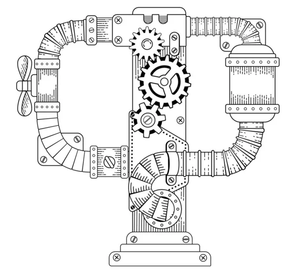 Yetişkinler için vektör boyama kitabı. Steampunk Kiril alfabesi. Metal dişlilerden ve çeşitli ayrıntılardan oluşan mekanik alfabe beyaz arkaplanı izole ediyor