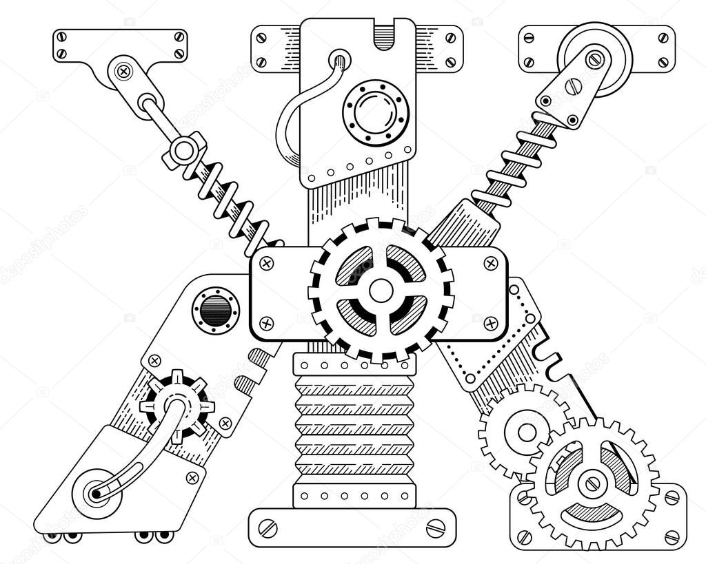 Vector coloring book for adults. Steampunk Cyrillic letter. Mechanical alphabet made of metal gears and various details isolatedon white background