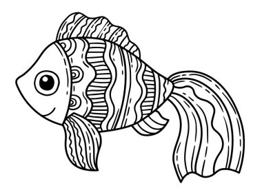 Yetişkin için vektör boyama kitabı sayfası. Ayrıntılı desenli balık beyaz arkaplan, mandalas tasarımı, çizgi sanat tasarımı izole