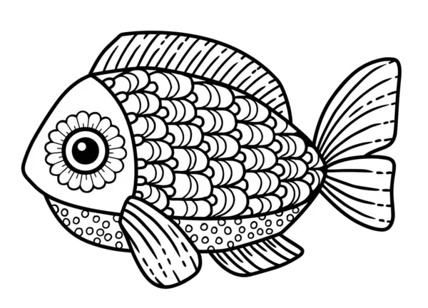 Vector Coloring Book Page Adult Fish Detailed Pattern Isolated White - Stok Vektor