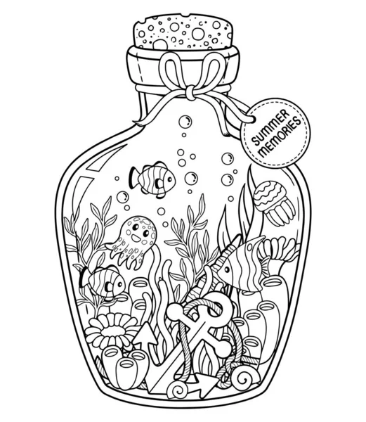 Black White Coloring Book Page Adult Underwater Life Glass Bottle — Vettoriale Stock