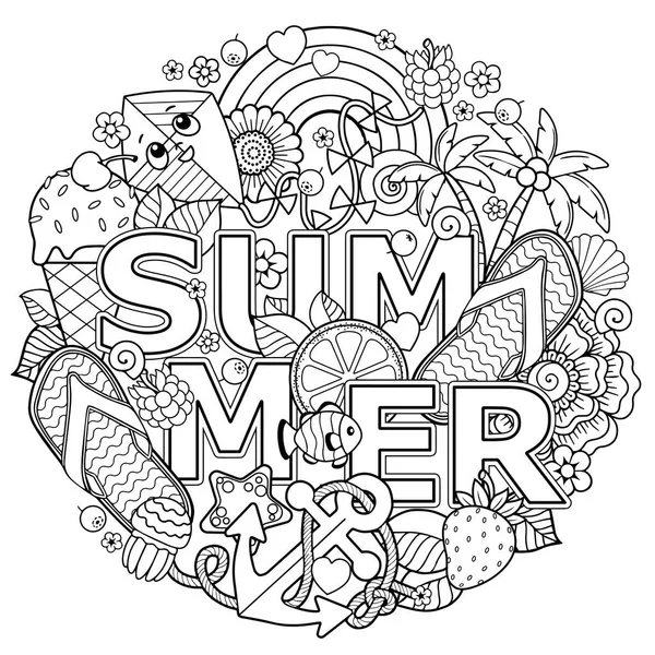 Doodle Vector Coloring Book Adult Set Summer Elements Holidays Party — Vettoriale Stock