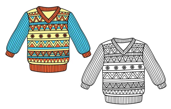 Örülmüş kışlık kıyafetler, vektör düz çizimler. Çocuklar için desenli süveter kışı boyama sayfası