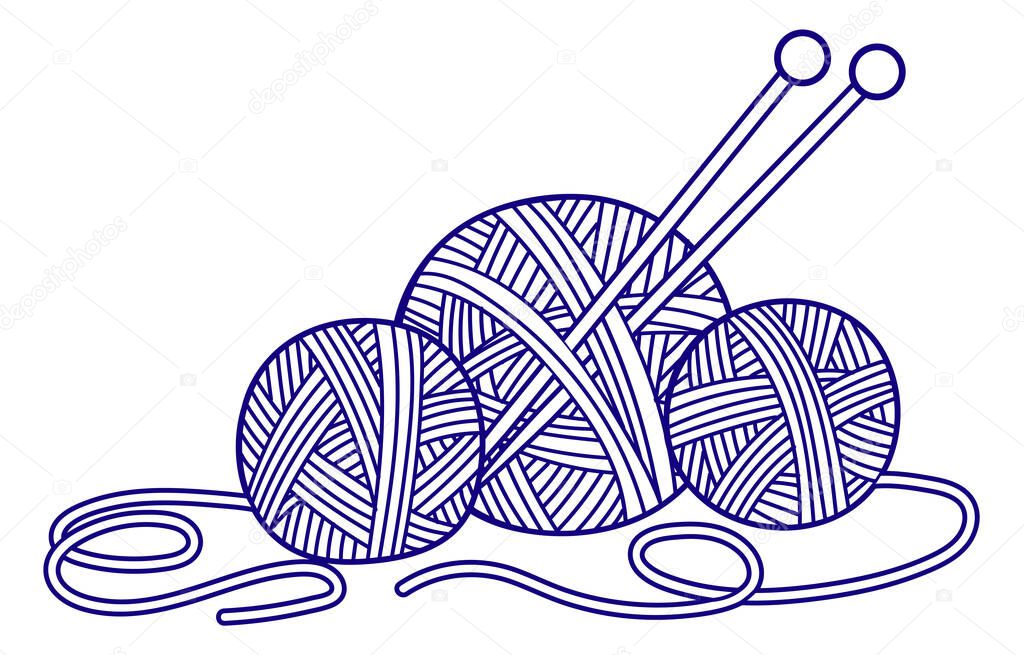 Vector flat illustration for children coloring book in a doodle style. Group of Balls of yarn for knitting