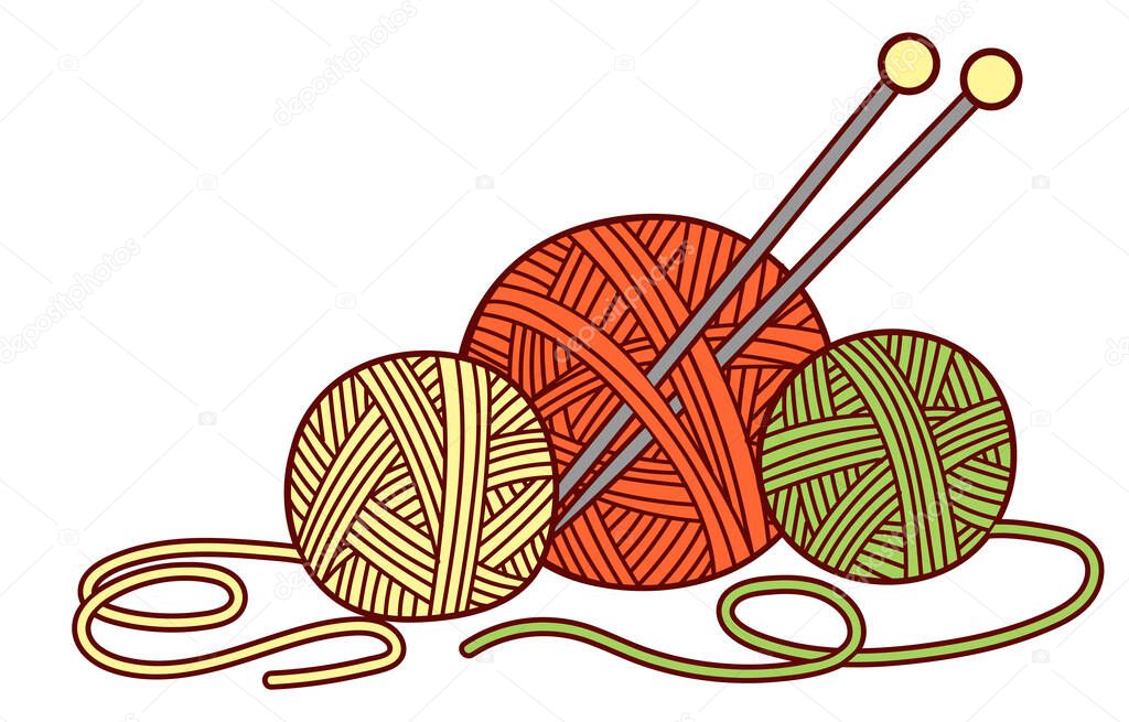 Vector flat illustration in a doodle style. Group of Balls of yarn for knitting