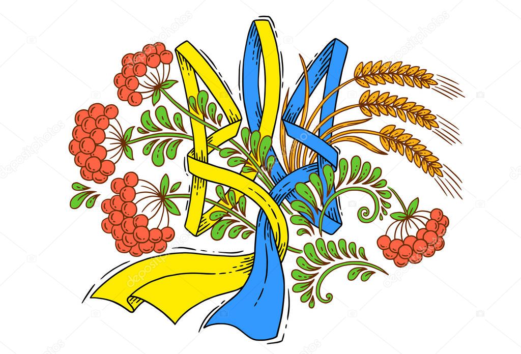 Vector illustration, decorative version of the state symbol of Ukraine trident. Ribbon in blue and yellow flag, viburnum berries and ears of wheat