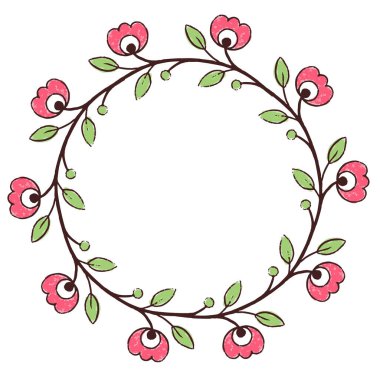 Geleneksel Ukrayna halk nakış tarzında vektör desen tasarımı. Çiçek elementleri ve yapraklarıyla yuvarlak çerçeve