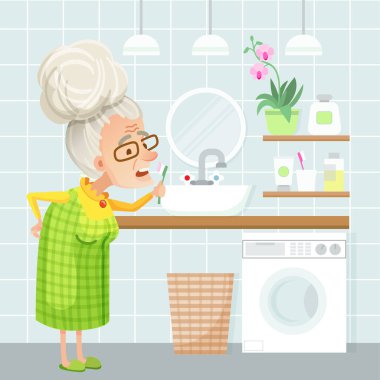 Banyonun içini açık mavi renklerle gösteren vektör çizimi. Yaşlı kadın banyoda dişlerini fırçalıyor. Lavabo, ayna, çiçek, kozmetik, havlu, çamaşır sepeti, çamaşır makinesi..