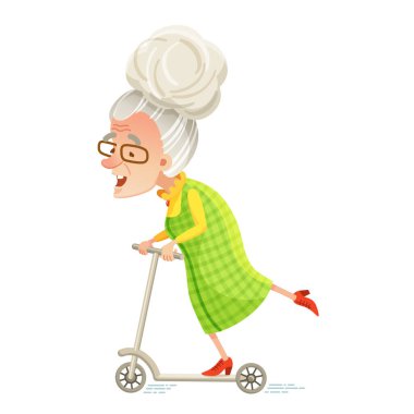 Çizgi film tarzında vektör karakter çizimi. Aktif, yaşlı, mutlu bir kadın scooter kullanıyor.