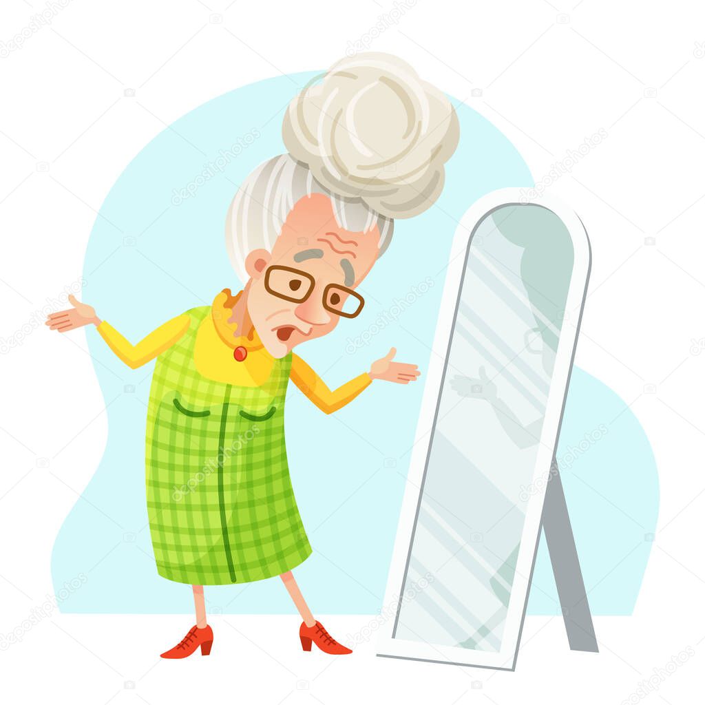 Vector cartoon illustration of an old woman with glasses tries on a shoese in front of a mirror. Clothes, wardrobe, shop, dress, shopping, fashion