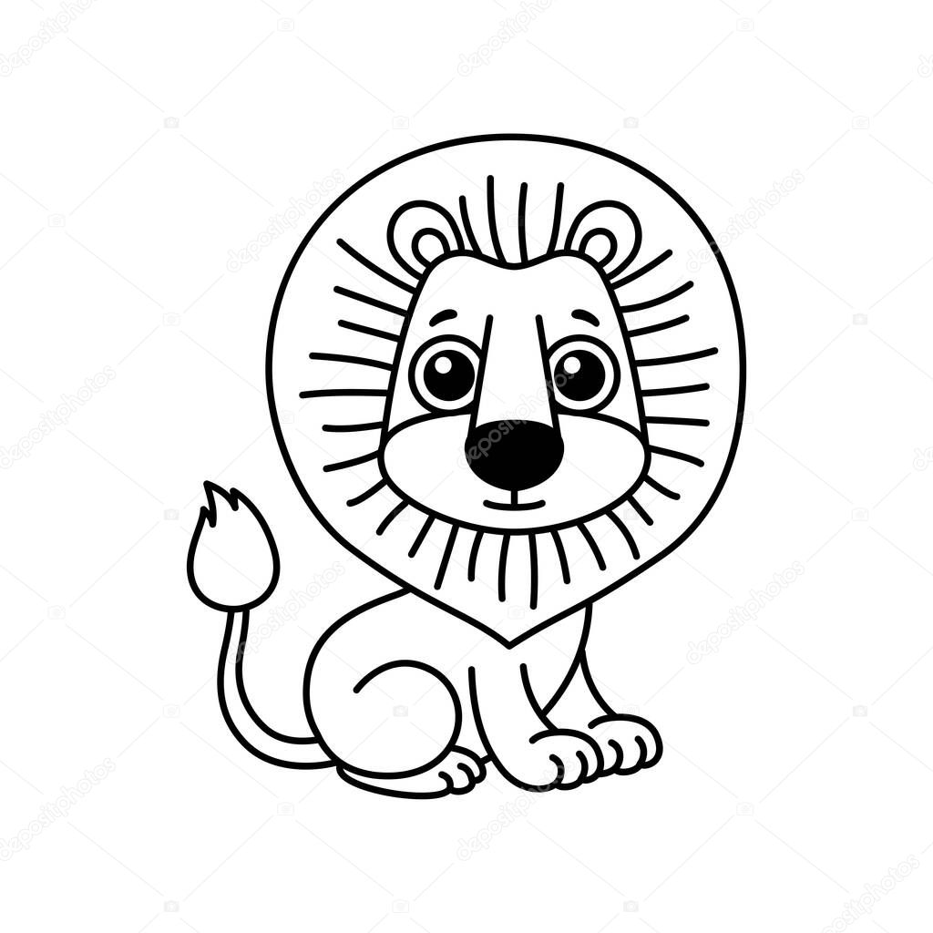 Coloring animal for children coloring book. Funny lion in a cartoon style