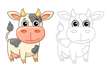 Coloring farm animal for children coloring book. Funny cow in a cartoon style. Trace the dots and color the picture