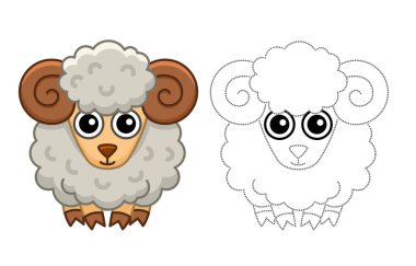 Coloring farm animal for children coloring book. Funny ram, sheep in a cartoon style. Trace the dots and color the picture