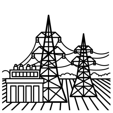 Electricity transmission. The concept of power lines and transformer substation. Vector line illustration