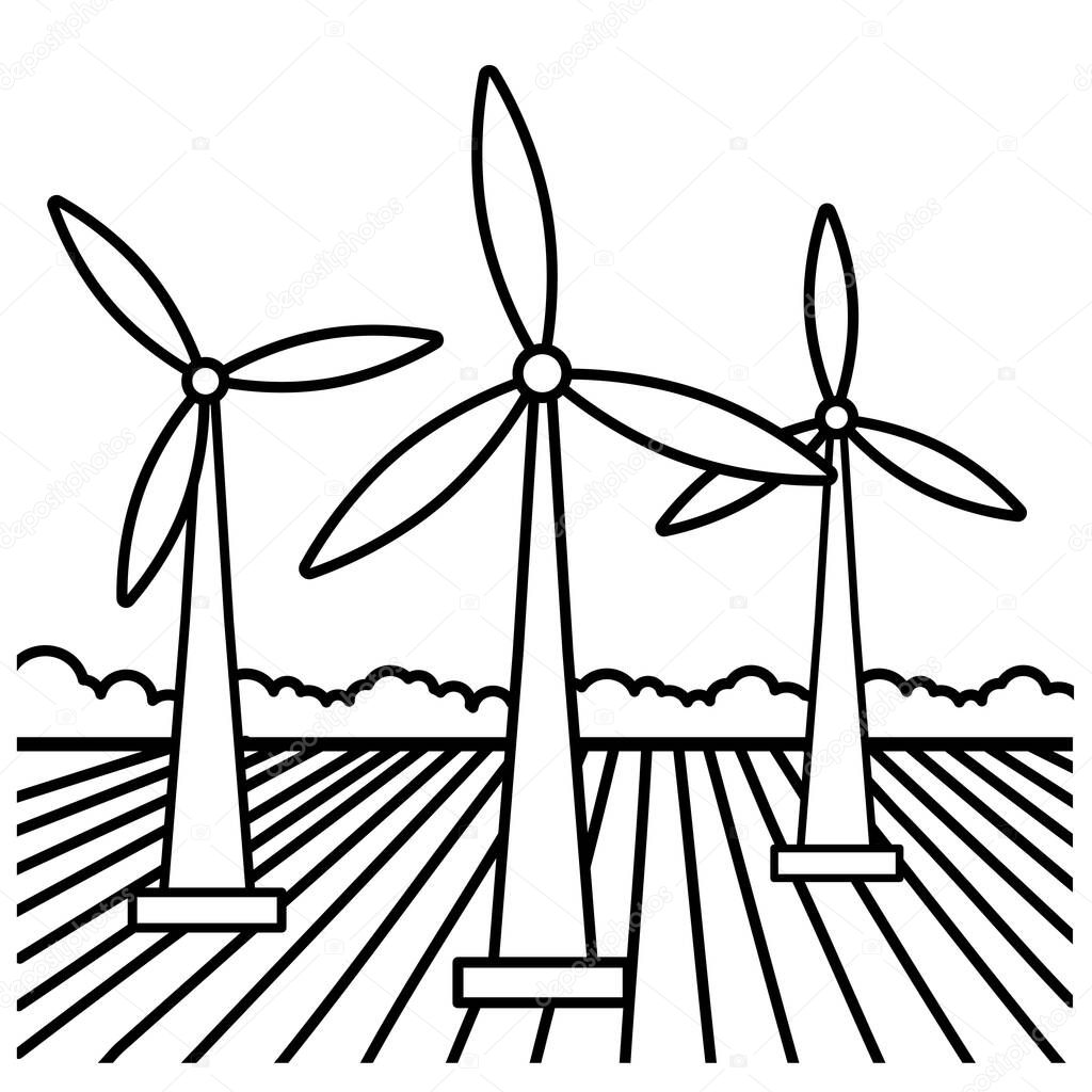 Wind power plant. Eco Green Energy concept. Vector line art illustration