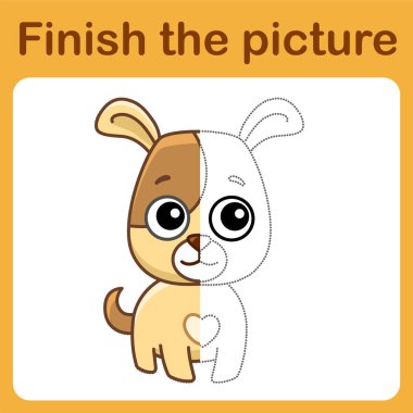 Noktayı birleştir ve köpek resmini tamamla. Çocuklar için basit boyama. Çizim oyunu