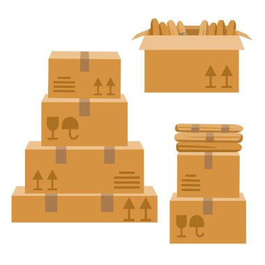 Düz bir şekilde vektör illüstrasyonu. Beyaz arkaplanda izole edilmiş karton kutular grubu