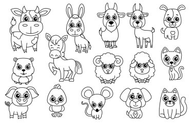 Cute black and white farm animals in a cartoon style for laser cut or print. Vector illustration