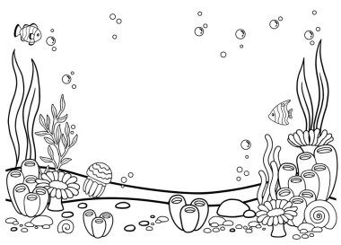 Vector coloring book page for adult. Underwater seabed with algae and corals