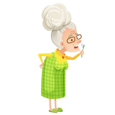 Illustration of an Old lady brushing her teeth