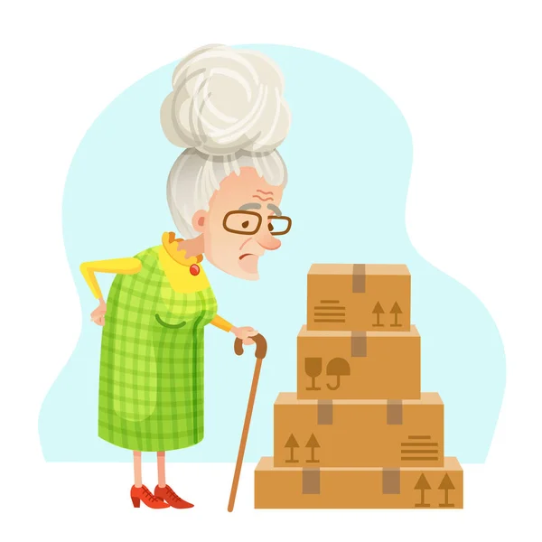 Illustration Helpless Senior Woman Pile Parcels Back Pain — Stockvector