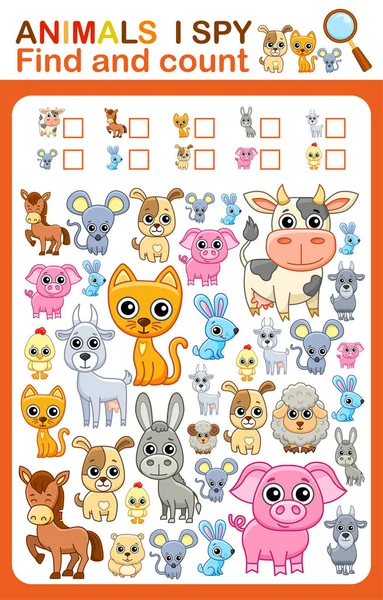Printable Worksheet Kindergarten Preschool Spy Count Farm Animals Vector Illustration — Vector de stock
