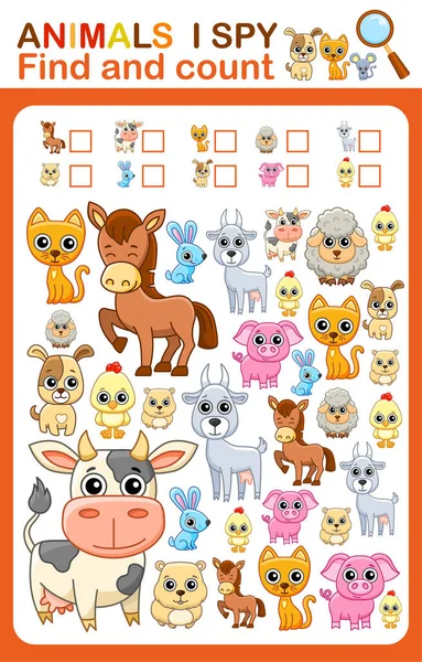 Printable Worksheet Kindergarten Preschool Spy Count Farm Animals Vector Illustration — ストックベクタ