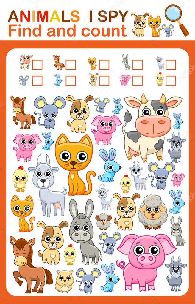 Printable worksheet for kindergarten and preschool. I spy. Count farm animals, vector illustration