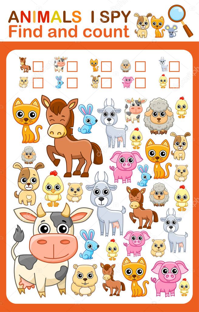 Printable worksheet for kindergarten and preschool. I spy. Count farm animals, vector illustration