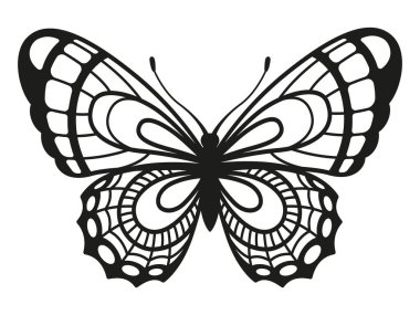 Siyah siluet zarif kelebek beyaz arka planda izole.