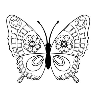 Yetişkin için vektör boyama kitabı sayfası. Mandala tarzında zarif kelebeğin silueti beyaz arkaplanda izole edilmiş.