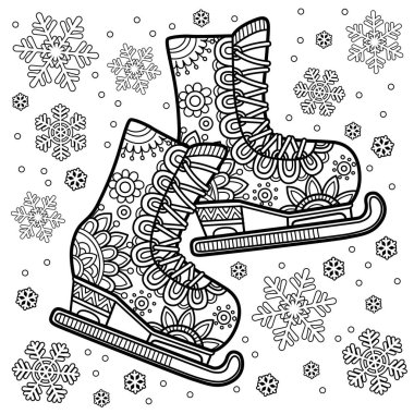 Yetişkin için vektör boyama kitabı sayfası. Siyah ve beyaz buz patenleri mandala tarzında.
