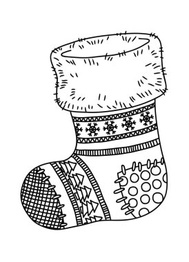 Noel Baba 'dan hediye olarak güzel örülmüş Noel çorabı. Yetişkinler için vektör mandala boyama sayfası, Boyama kitabı ve Noel tasarımı sayfası