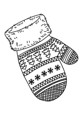 Güzel örgü kıyafetler, eldivenler ve desenli eldivenler. Yetişkinler için vektör mandala boyama sayfası. Boyama kitabı için sayfa